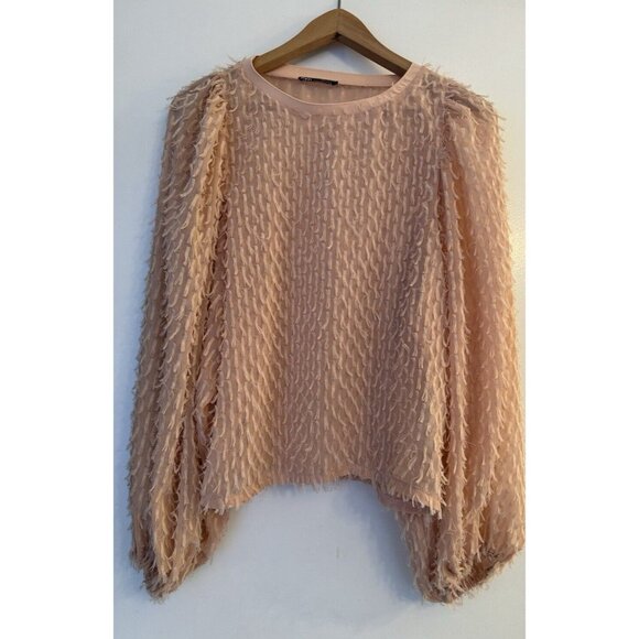 Zara Balloon Sleeve Feather Eyelash Fringe Blouse Top pale pink medium Party - Picture 1 of 13